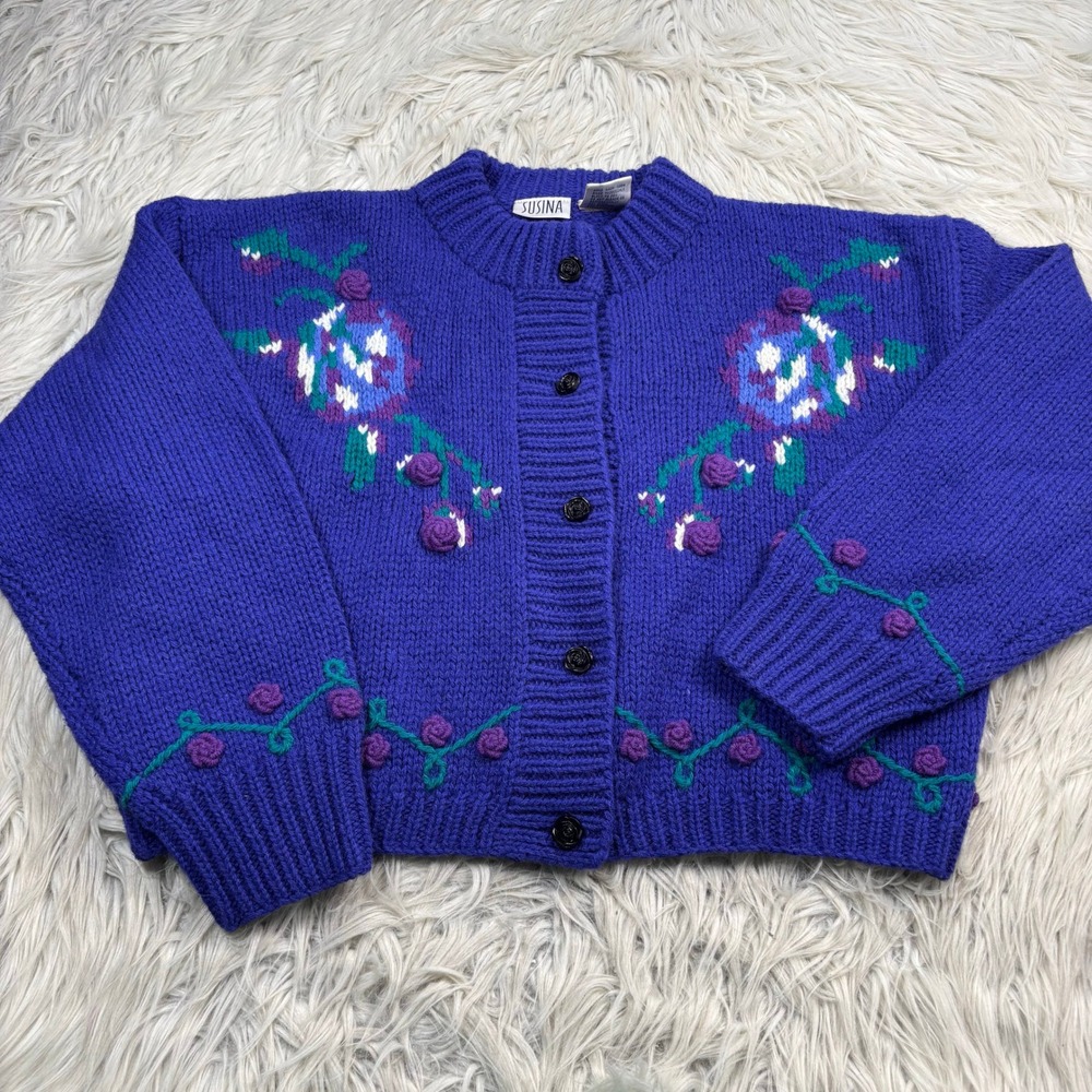 Vintage Susina Women's M Purple Floral Boxy Cropped Cardigan Wool Granmacore